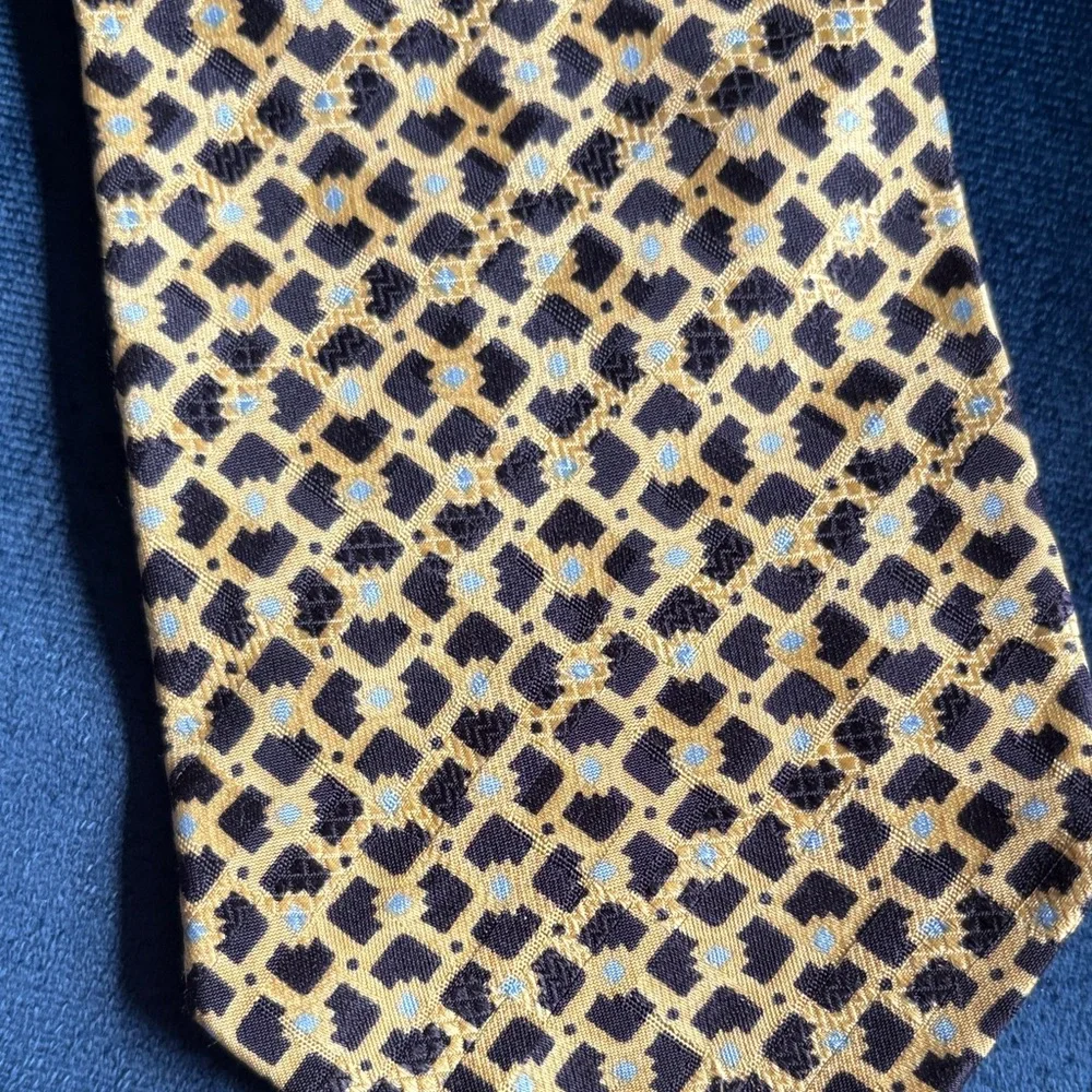 Brioni 100% Silk Hand Made Italian Gold and Black Geometric Tie